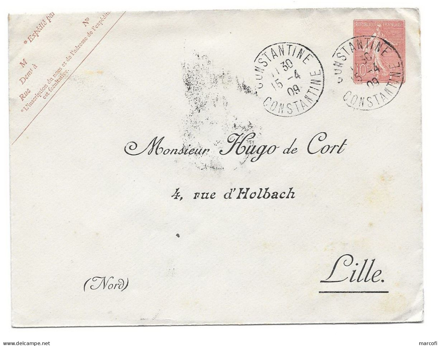 Alg41 Lettre Entier Semeuse Obl Constantine Repiquage (1909) - Enveloppes Repiquages (avant 1995)