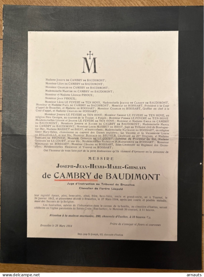 Messire Joseph De Cambry De Baudimont Juge Instruction Tribunal Bruxelles *1842 Tournai +1904 Bruxelles Ixelles Prioux - Obituary Notices
