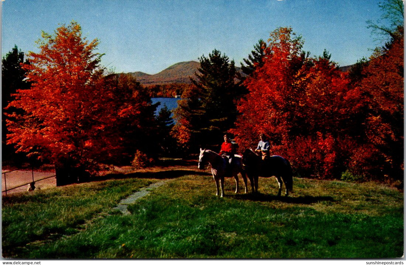 New York Adirondacks Lake Placid Horseback Riders On Ridal Path Around Lake Placid - Adirondack