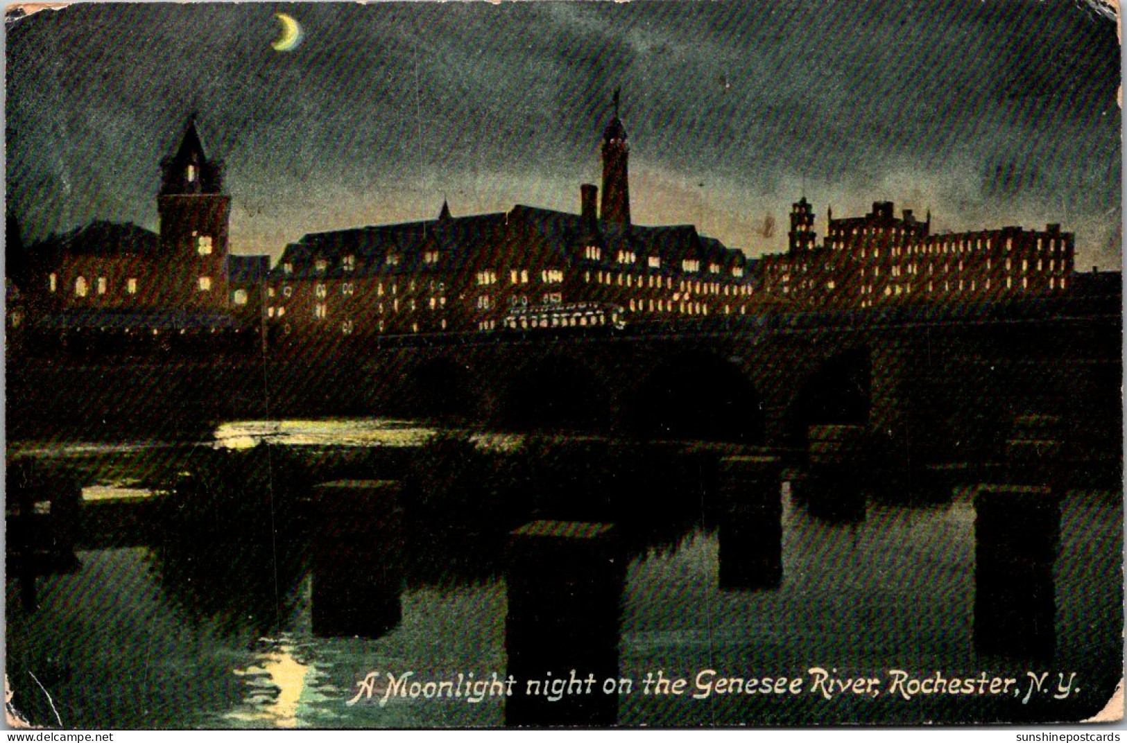 New York Rochester Moonlight Night On The Genesee River 1909 - Rochester