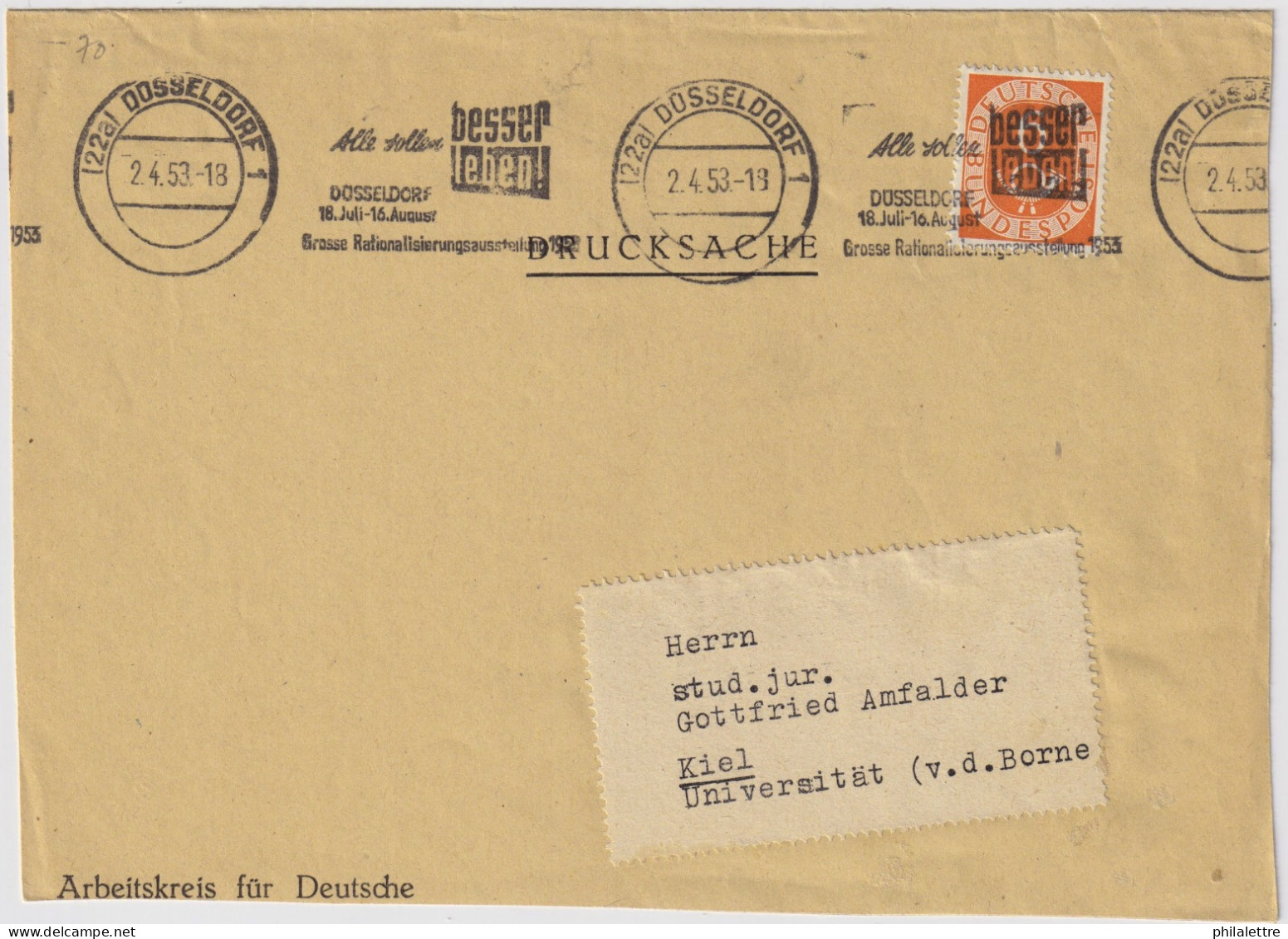 ALLEMAGNE / GERMANY - 1953 - Mi.126 6pf. Orange Single On Printed Matters (Drucksache) Caover From Düsseldorf To Kiel - Lettres & Documents