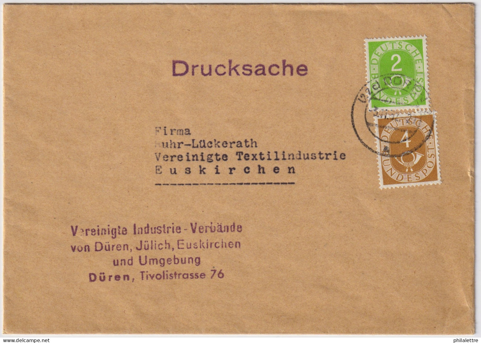 ALLEMAGNE / GERMANY - 1953 - Mi.123 & Mi.124 2pf. & 4pf. On Printed Matters (Drucksache) Cover From Düren To Euskirchen - Covers & Documents