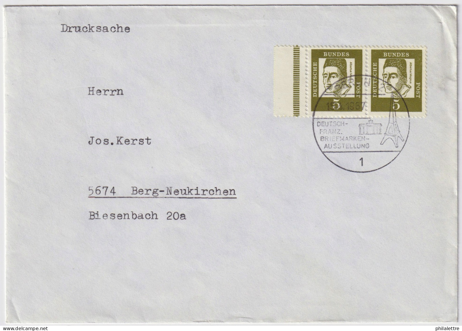 ALLEMAGNE / GERMANY - 1967 - Mi.347y Horizontal Pair Cancelled German-French Philatelic Exhibition BERLIN Sonderstempel - Storia Postale