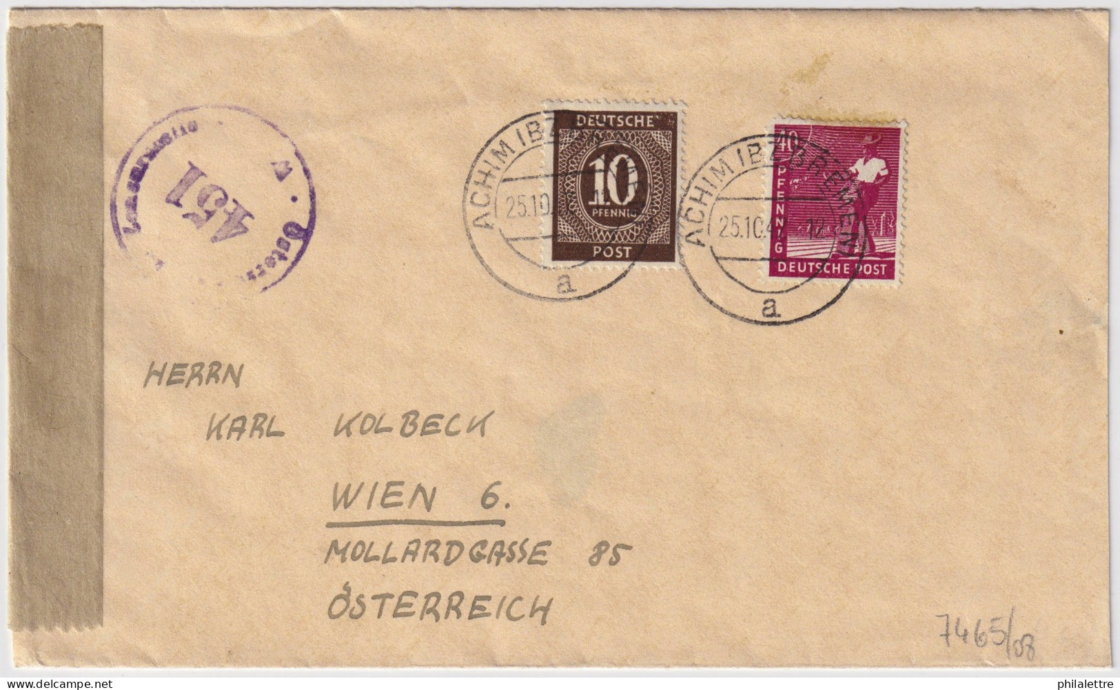 ALLEMAGNE / GERMANY - 1947 - Mi.918 & Mi.954 On Censored Cover From ACHIM (Bz.Bremen) To VIENNA, Austria - Other & Unclassified