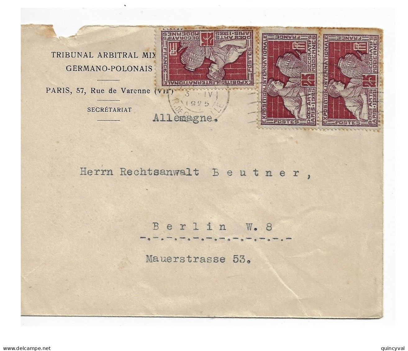 PARIS 44 R De Grenelle Lettre Entête Tribunal Arbitral GERMANO-POLONAIS Dest BERLIN 25c Art Déco Yv 212 Arrivée Verso - Cartas & Documentos