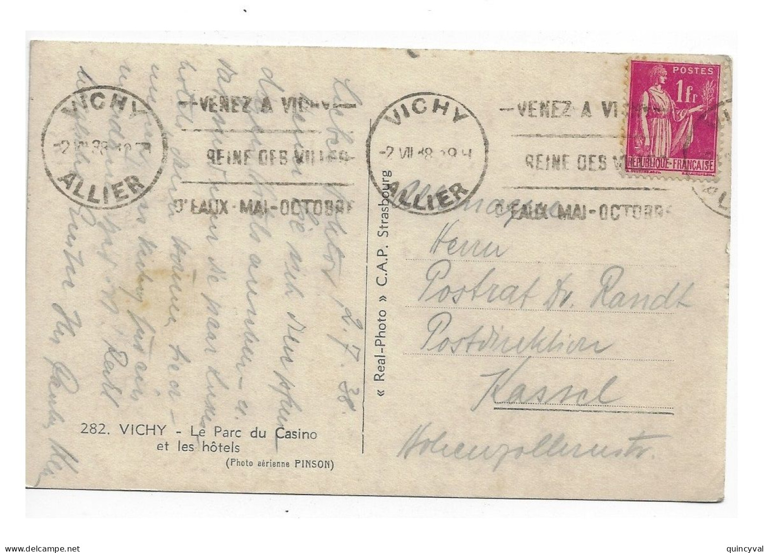 VICHY Allier Carte Postale 1 F Paix Rose Yv 369 Ob Meca 2 7 1968 Venez à Vichy Dest KASSEL Allemagne - 1932-39 Frieden