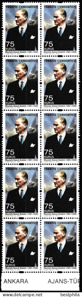 Turkey, Türkei - 2009 - Mustafa Kemal Ataturk - Strip Of 10 Stamps (Only 75 Krş.) ** MNH - Nuevos