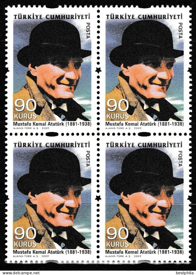 Turkey, Türkei - 2009 - Mustafa Kemal Ataturk - Block Of 4 Stamps (Only 90 Krş.) ** MNH - Ungebraucht