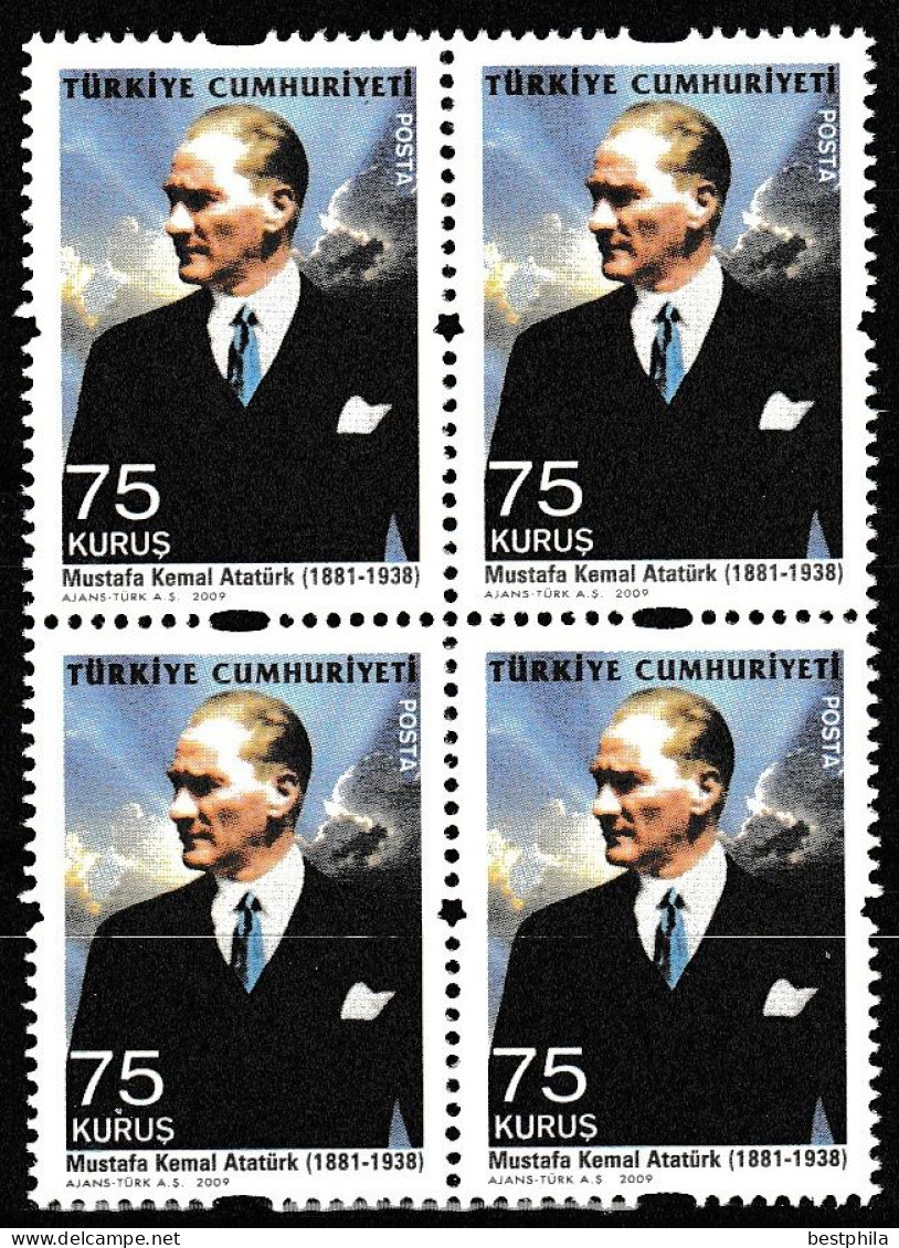 Turkey, Türkei - 2009 - Mustafa Kemal Ataturk - Block Of 4 Stamps (Only 75 Krş.) ** MNH - Unused Stamps