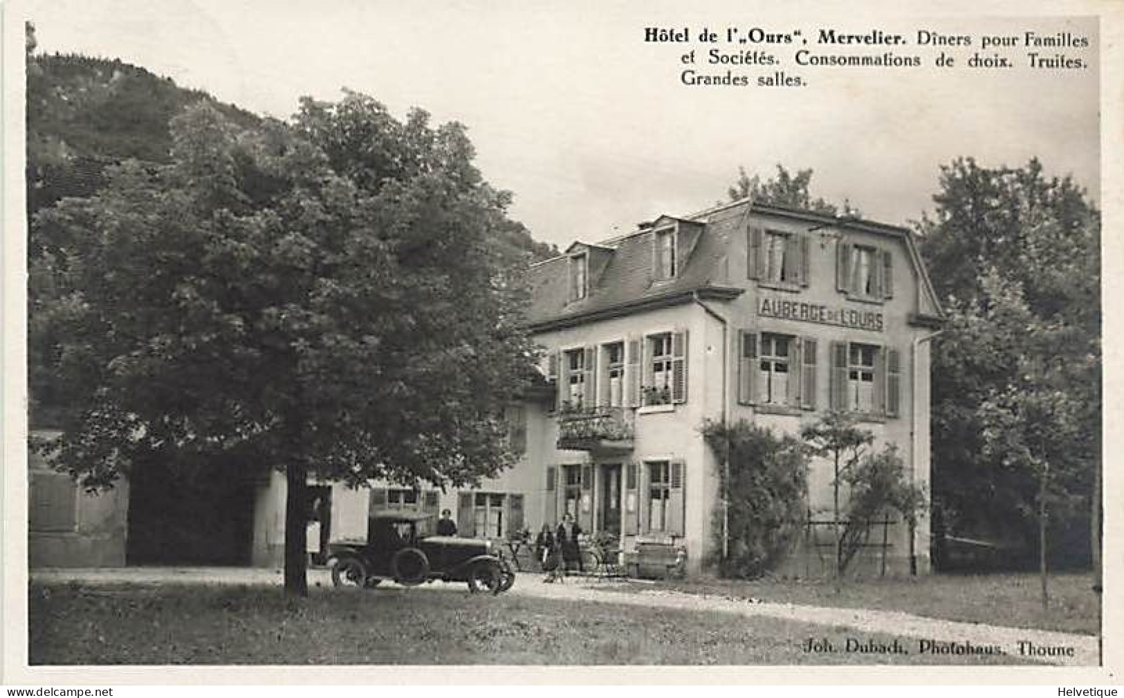 Hôtel De L'Ours Mevelier Dîners Pour Familles Et Sociétés Truites Oldtimer Dist. Delémont 1928 - Delémont