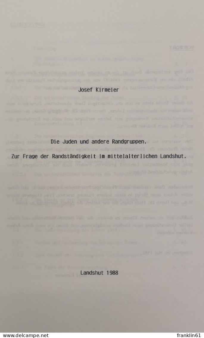 Die Juden Und Andere Randgruppen. Zur Frage Der Randständigkeit Im Mittelalterlichen Landshut. (Sonderveröffen - Judaísmo