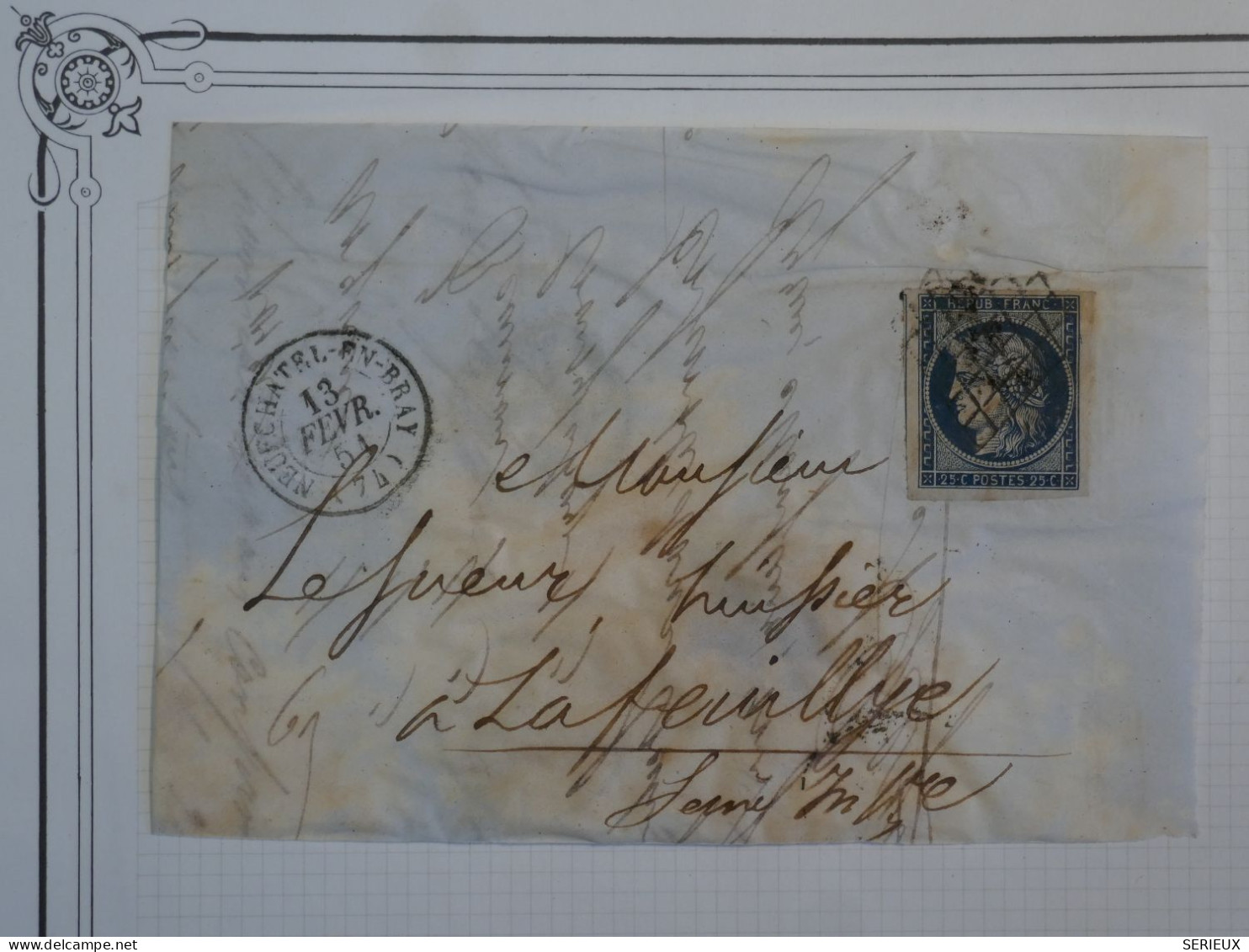 AU 21 FRANCE  LETTRE    13 FEV.1851 NEUCHATEL LAFEUILLIE + CERES N°4 BELLES MARGES+ VOISIN+ +  +AFFRANC. INTERESSANT+ - 1849-1850 Cérès