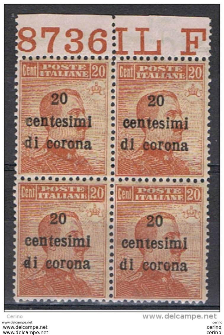 TRENTO  &  TRIESTE: 1919  SOPRAST. -  20 C./20 C. ARANCIO  BL. 4  N. -  N° DI  FOGLIO  -  OTTIMA  CENTRATURA  -  SASS. 5 - Trentino & Triest