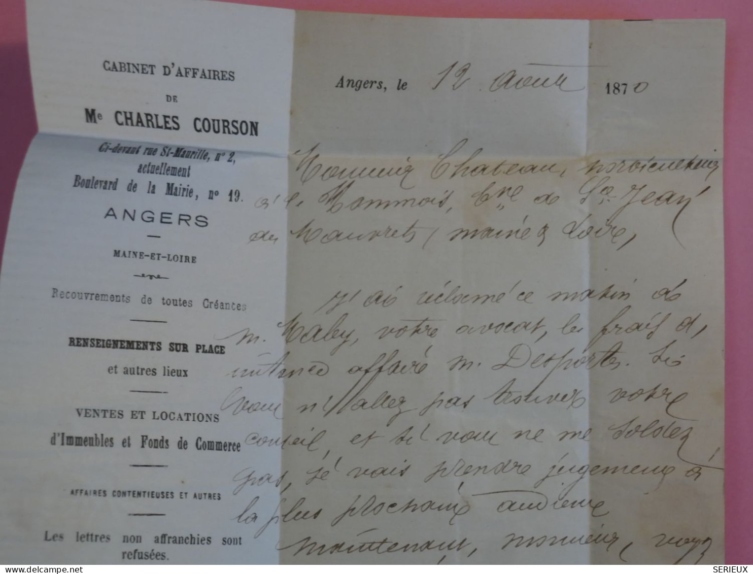 AU 21 FRANCE BELLE LETTRE   1870 ANGERS AU CHATEAU DE PRES DE ST JEAN  + NAPOLEON N° 29 +  +AFFRANC. INTERESSANT+ - 1863-1870 Napoléon III Lauré