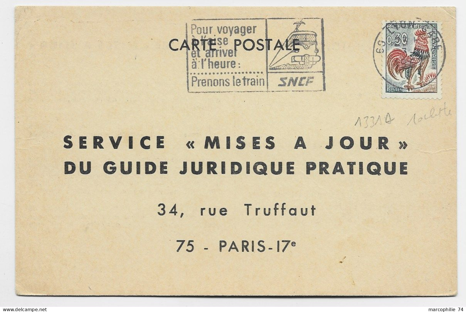 FRANCE COQ 30C ROULETTE CARTE CARTE POSTALE MEC 69 LYON GARE 1967 - 1962-1965 Cock Of Decaris