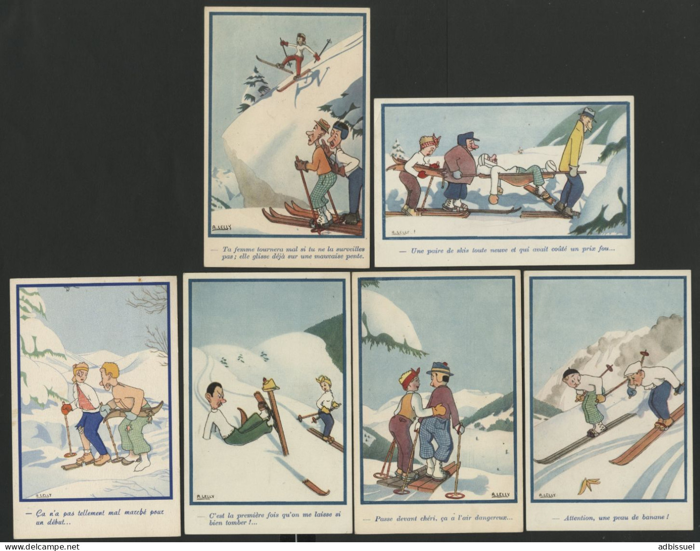 A. LELLY 6 Cartes Humoristiques Sur Le Ski En Couleur Dont 5 Neuves Voir Description - Sonstige & Ohne Zuordnung