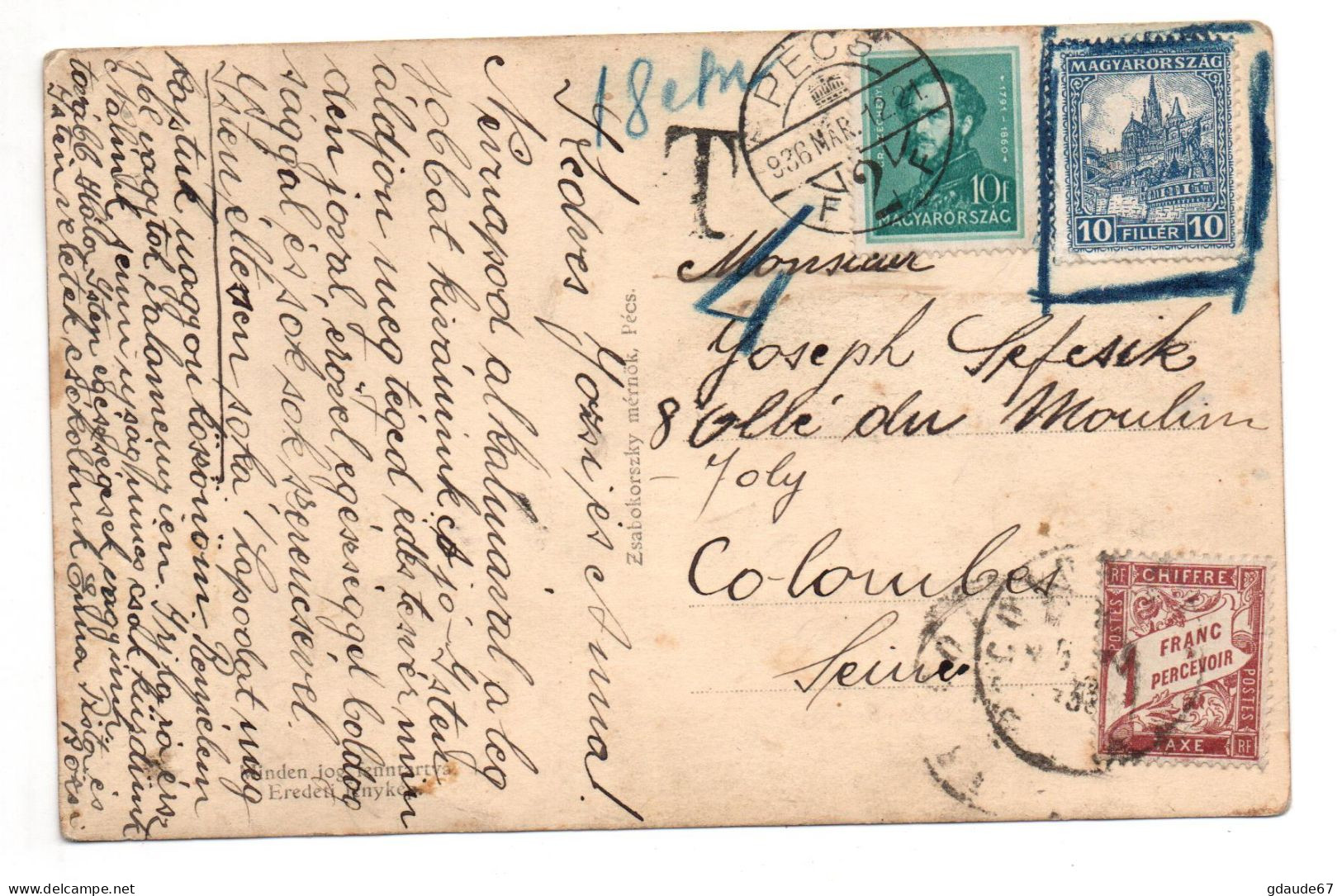 CP De HONGRIE (MAGYARORSZAC) Pour COLOMBES (SEINE) Avec TAXE 1 FRANC - 1859-1959 Lettres & Documents