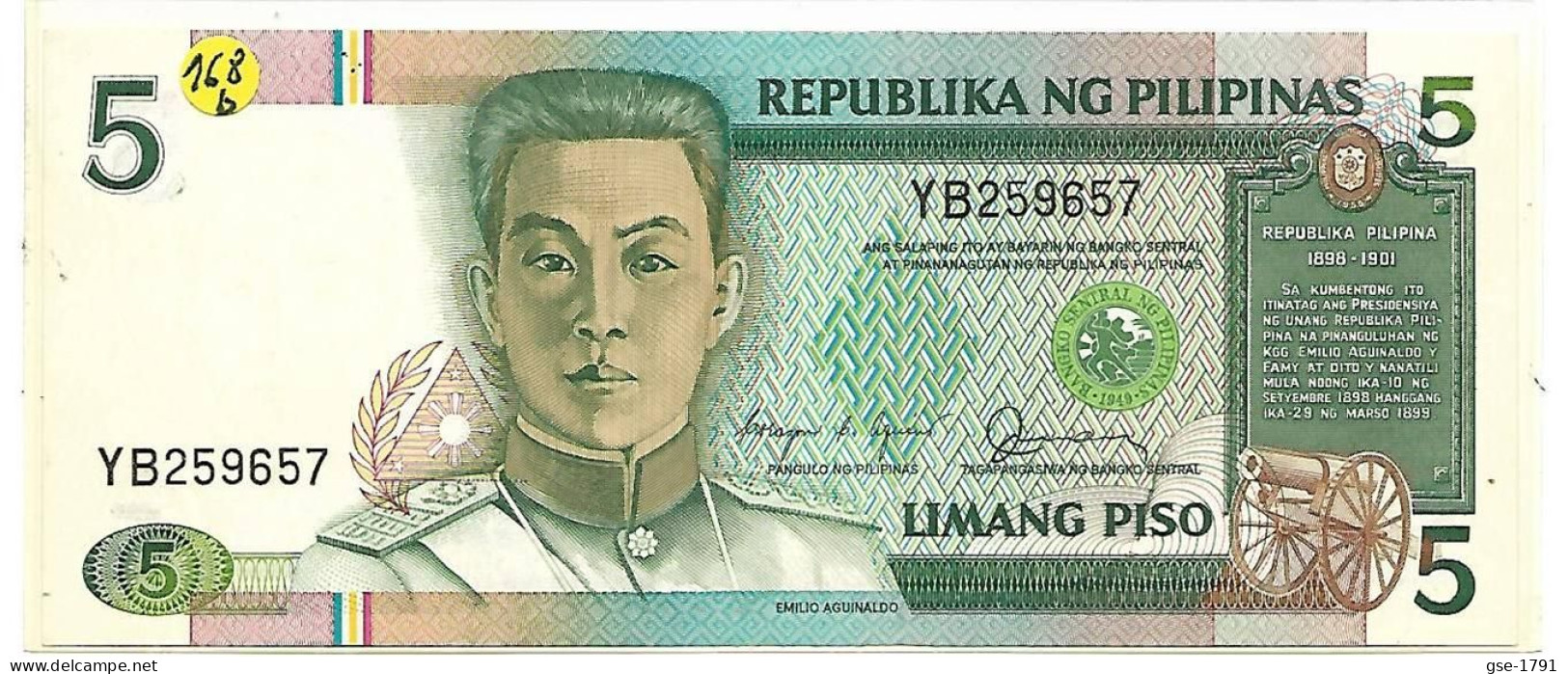 PHILIPPINES AGUINALDO 5 Piso Série#168b Sign Aquino Fernandez Noir  . Pr. Neuf - Philippines