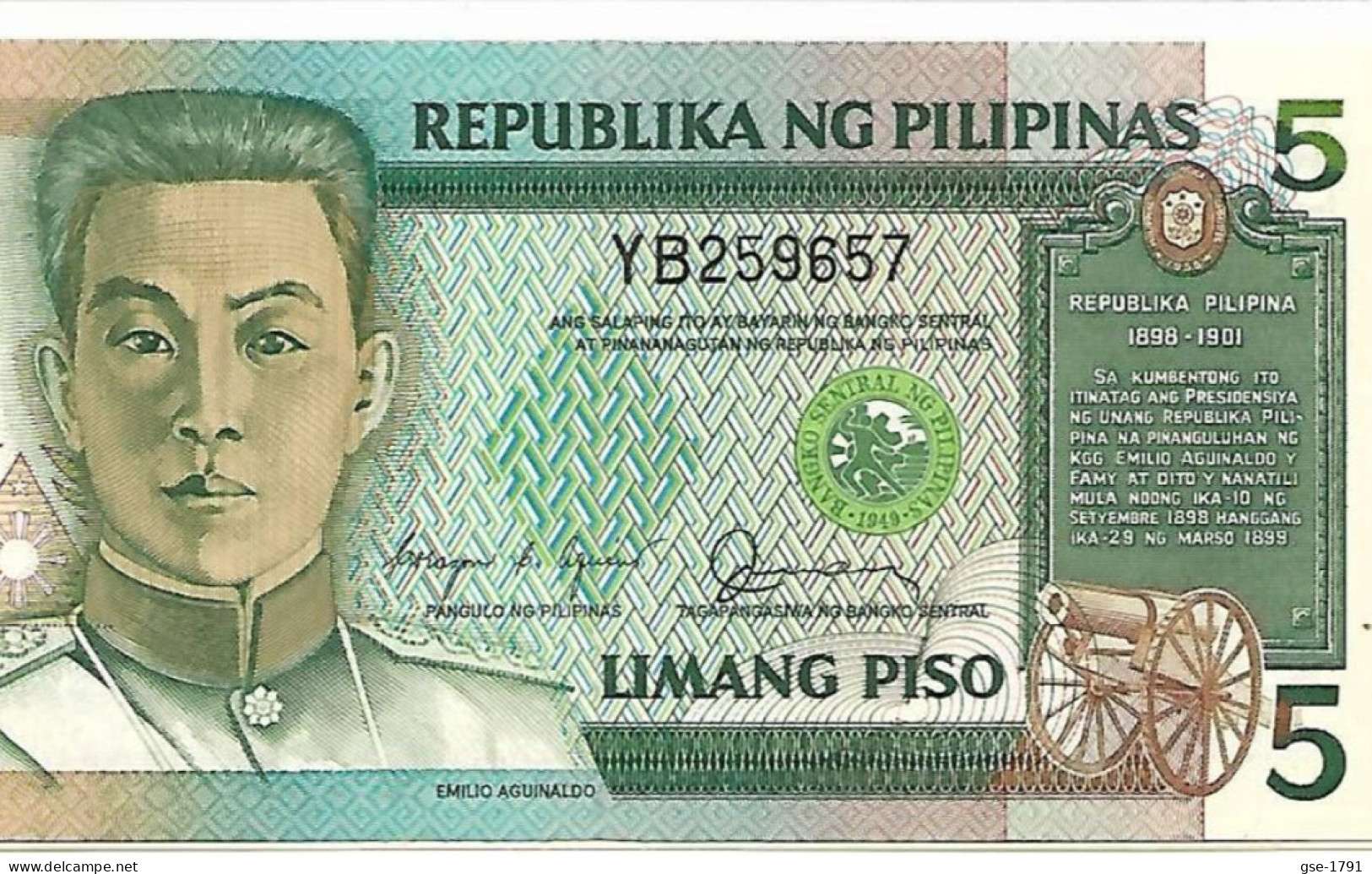 PHILIPPINES AGUINALDO 5 Piso Série#168b Sign Aquino Fernandez Noir  . Pr. Neuf - Philippines