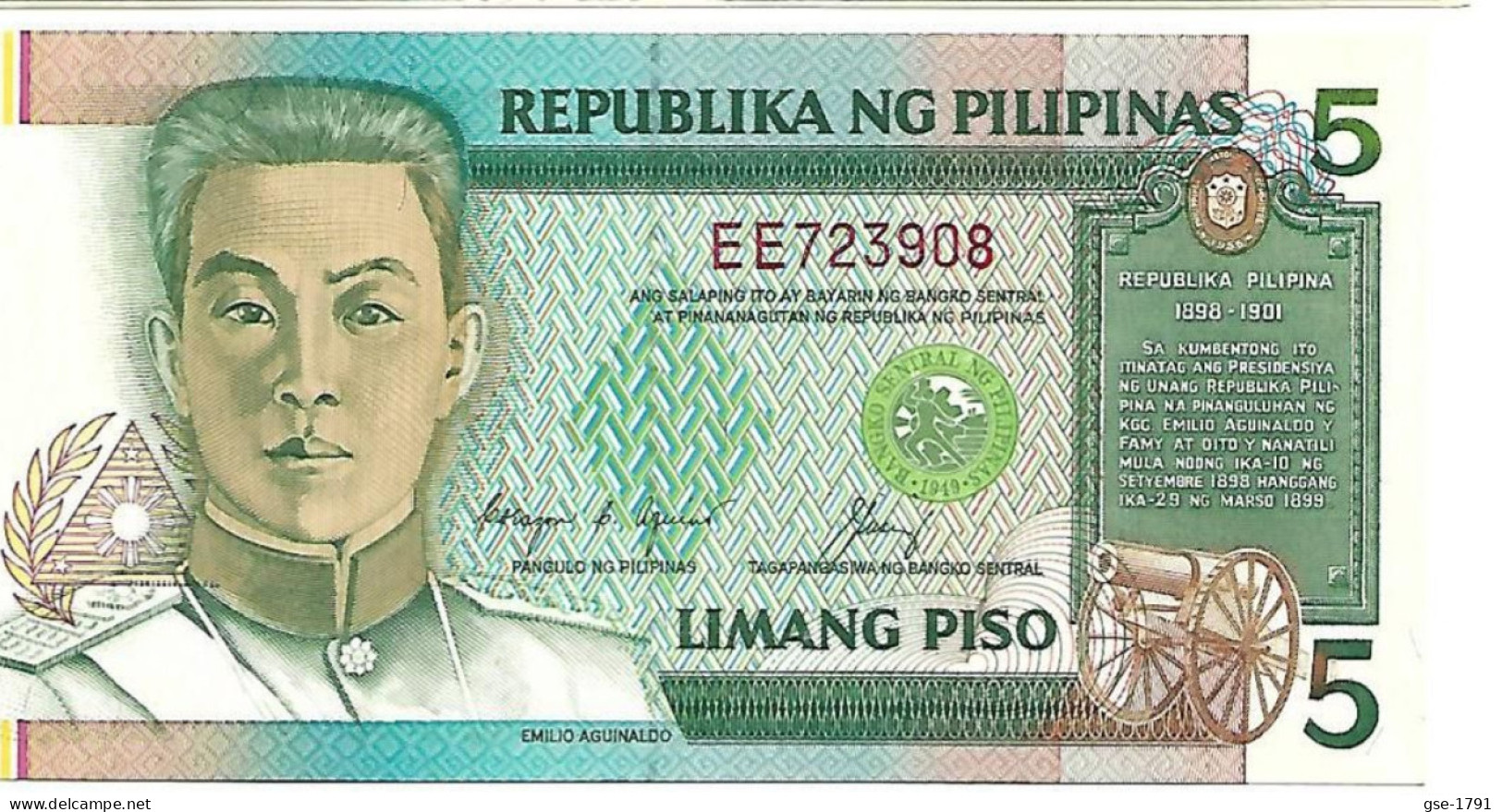 PHILIPPINES AGUINALDO 5 Piso Série#168d  Sign Aquino Cuisia  Rouge  . NEUFS - Philippines