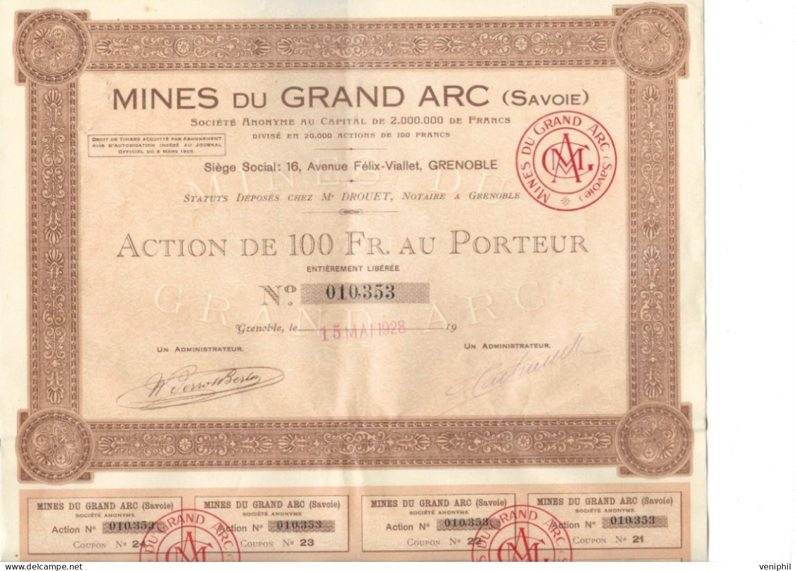 MINES DU GRAND ARC - SAVOIE - ACTION DE CENT FRANCS -ANNEE 1928 - Mineral