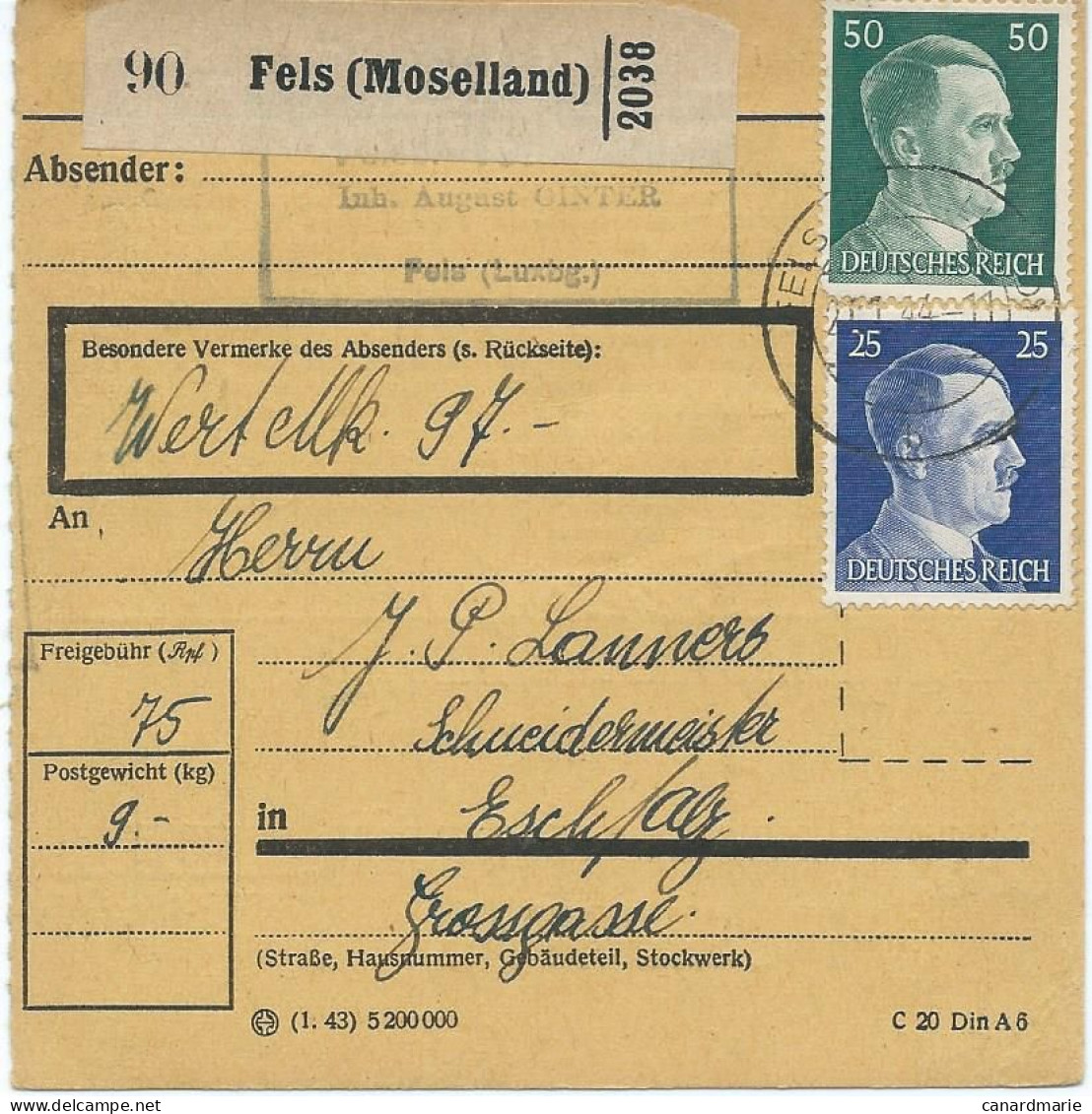 BULLETIN DE COLIS POSTAL 1944 AVEC ETIQUETTE DE FELS (MOSELLAND) - 1940-1944 Deutsche Besatzung