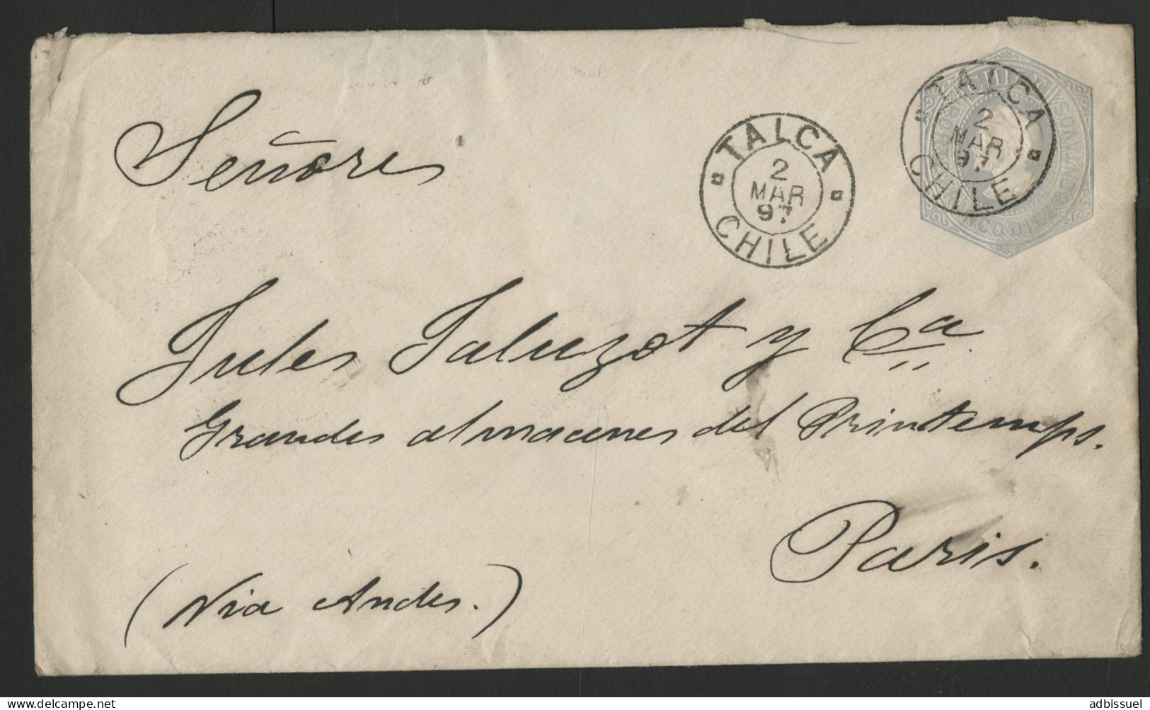 POSTCARD STATIONARY From TALCA CHILE To FRANCE In 1897 Via Andes See Description - Chili