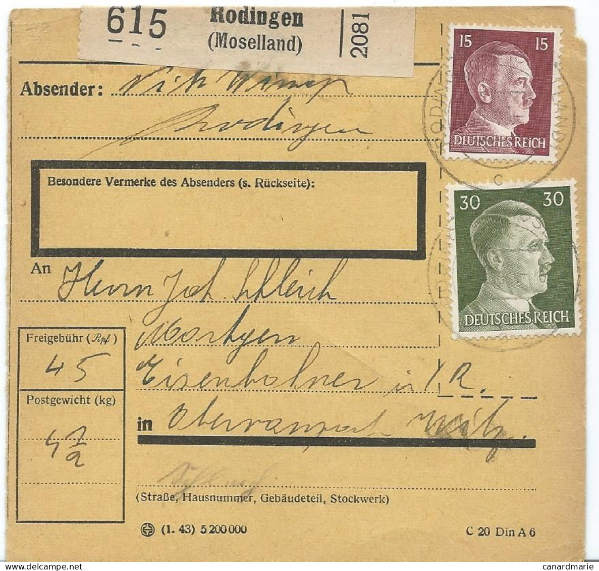 BULLETIN DE COLIS POSTAL 1943 AVEC ETIQUETTE DE RODINGEN (MOSELLAND) - 1940-1944 German Occupation
