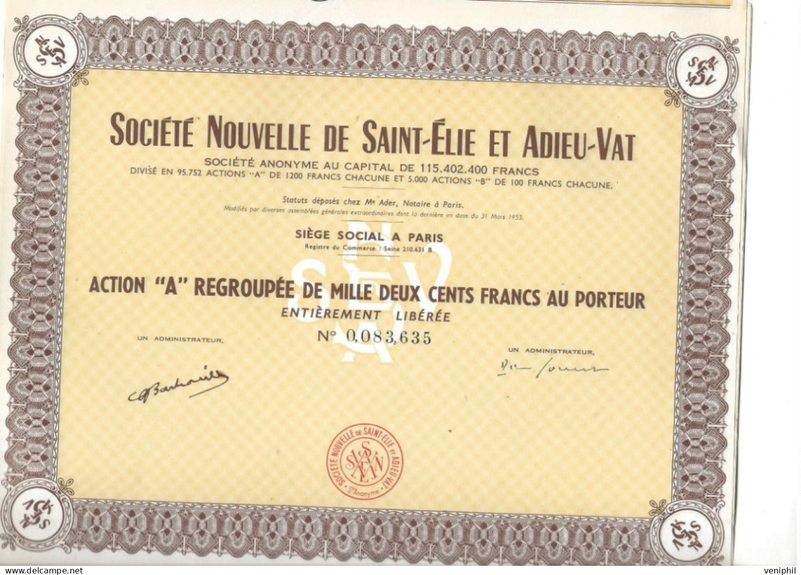 SOCIETE NOUVELLE DE SAINT -ELIE ET ADIEU-VAT -GUYANE - -LOT DE 5 ACTIONS "A" De 1200 Frs -1953 - Mijnen