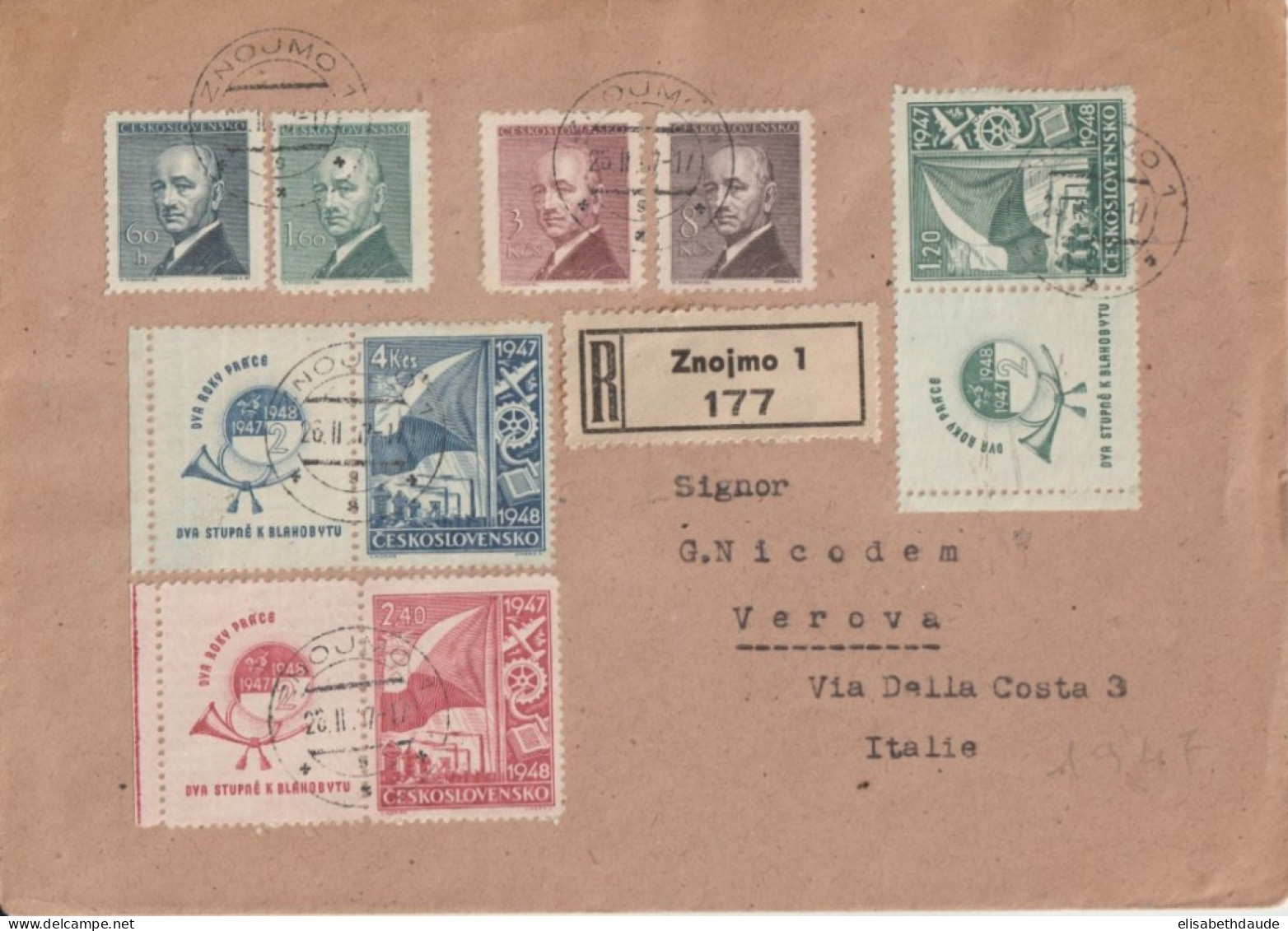 1947 - TCHECOSLOVAQUIE - VIGNETTES ATTENANT à TIMBRES ! ENVELOPPE RECOMMANDEE De ZNOJMO => VERONA (ITALIE) ! - Cartas & Documentos