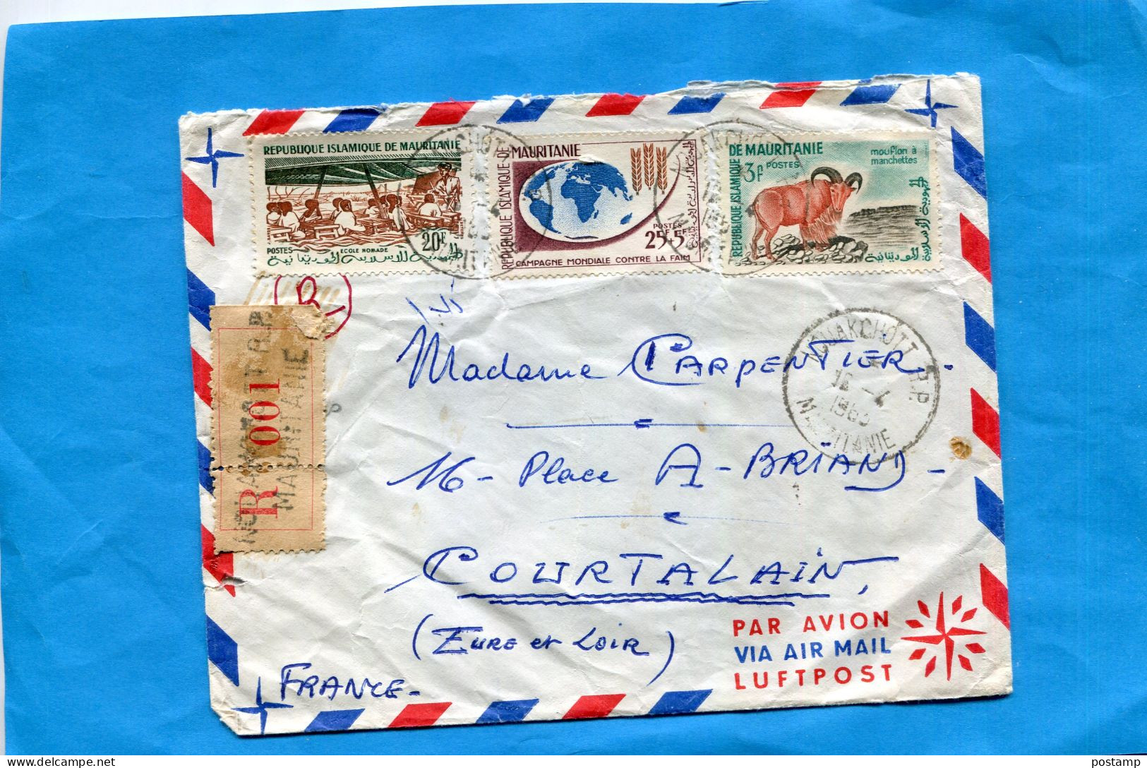 Marcophilie- Mauritainie REC-por France-ca Nouakcott-1983-3-stamps N°140 école+164 Lutte Contre La Faim+143 Mouflon - Mauritanie (1960-...)