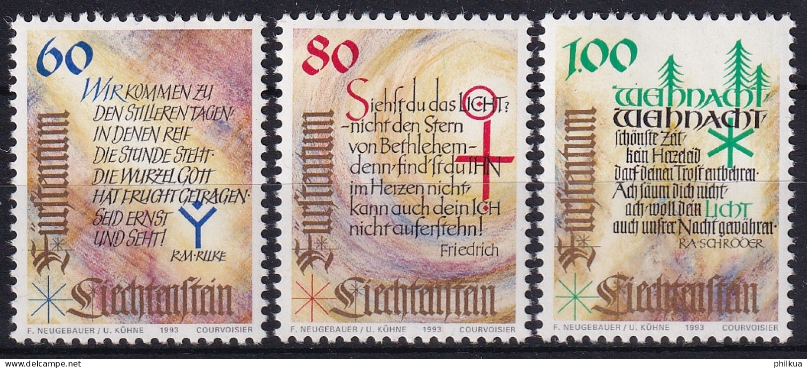 MiNr. 1073 - 1075 Liechtenstein 1993, 6. Dez. Weihnachten - Postfrisch/**/MNH - Ecrivains