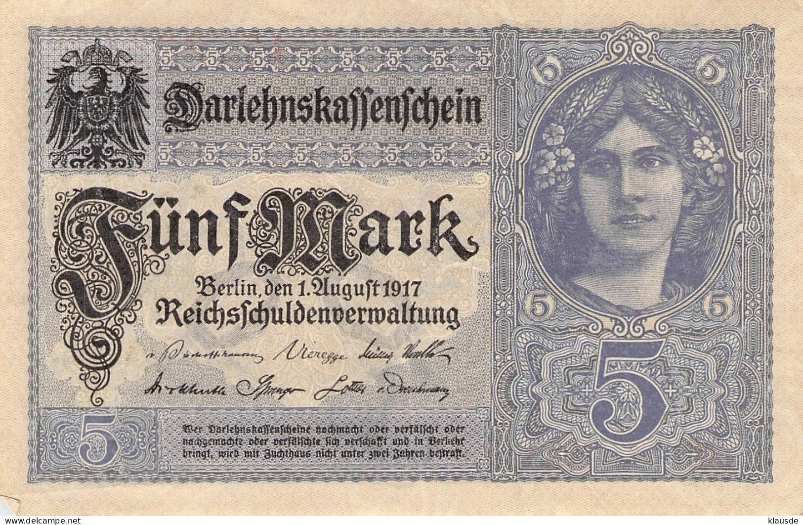 5 Mark 1917 Reichsbanknote AU/EF (II) Darlehenskassenschein - 5 Mark