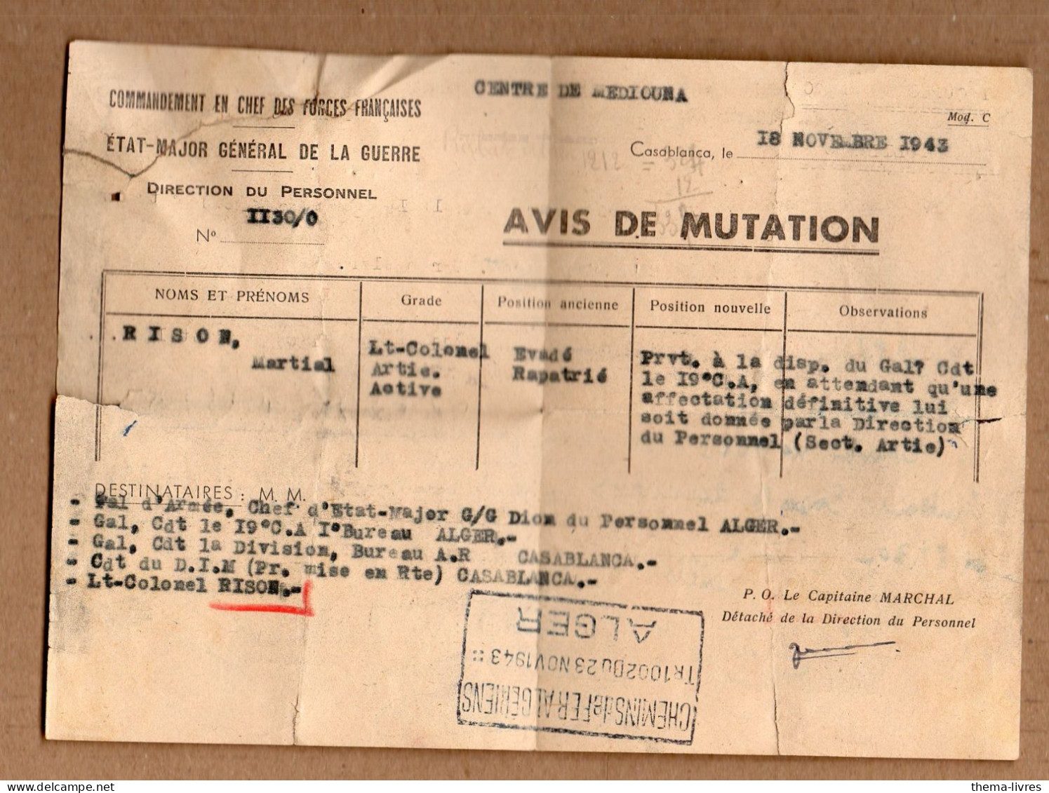 Casablanca (Maroc) Avis  De  Mutation    1943  Et Ordre De Mise En Route  (PPP41384) - Documents