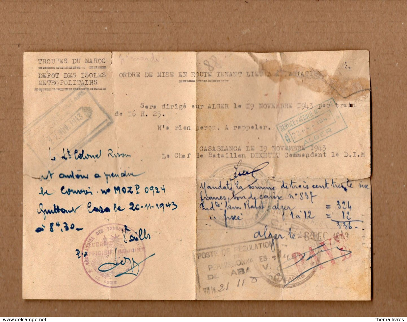 Casablanca (Maroc) Avis  De  Mutation    1943  Et Ordre De Mise En Route  (PPP41384) - Documents