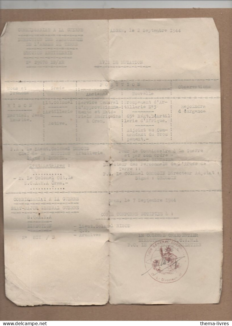 Alger (Algérie)  Avis De Mutation   1944 (PPP41385) - Documents