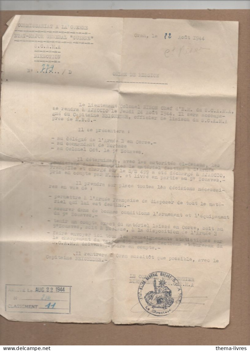 Oran (Algérie) Ordre De Mission 1944  (PPP41387) - Documents
