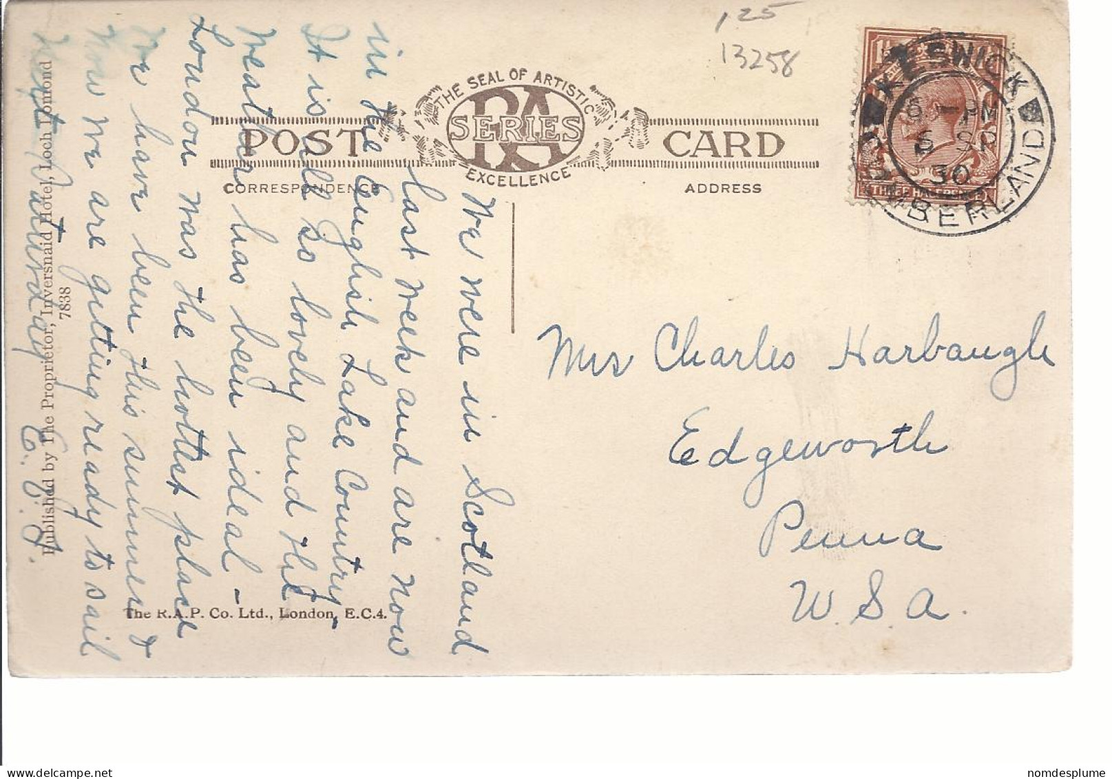 18258) Scotland Inversnaid Postmark Cancel  USA See Back - Stirlingshire