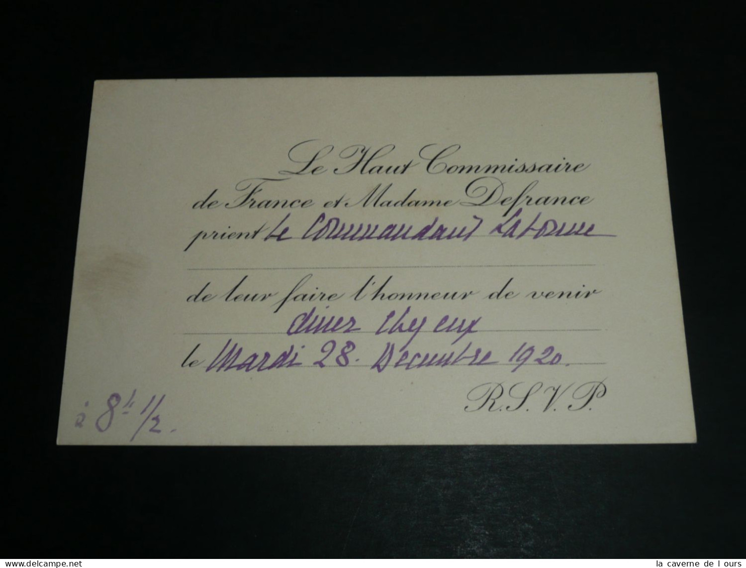 Archives Roger Labonne 1er Commandant LVF, Carton D'invitation à Un Diner, Haut-Commissaire De France Defrance, 1920 - Documents