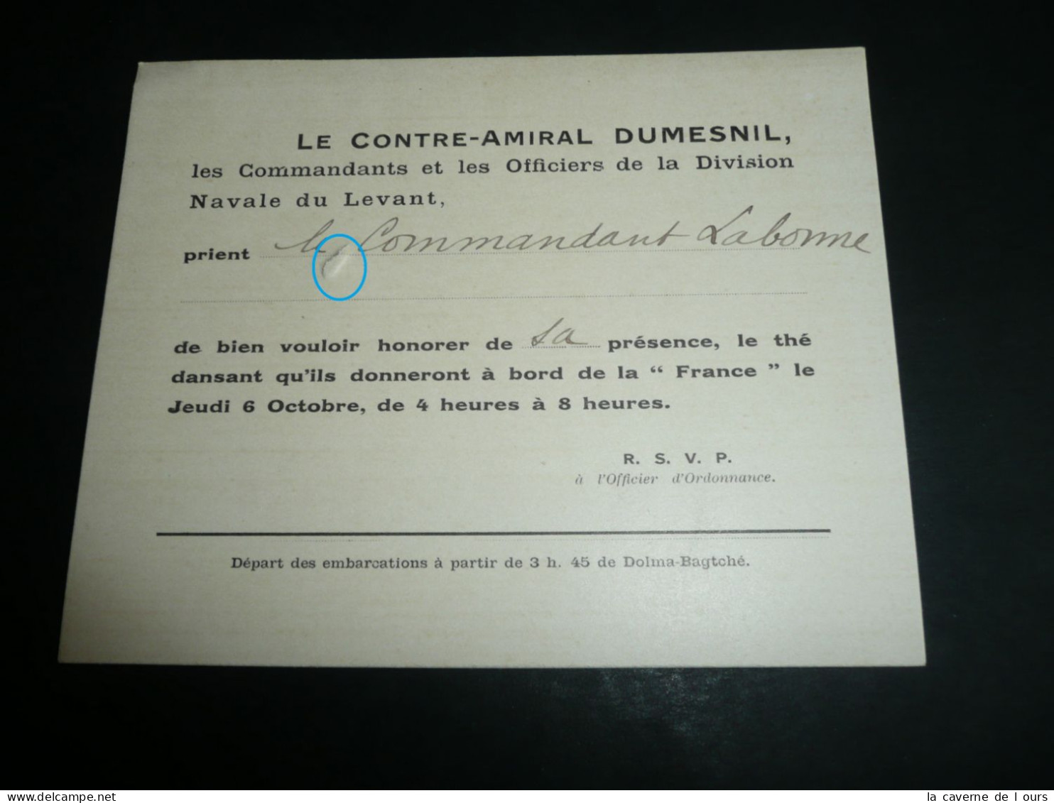 Archives Roger Labonne 1er Commandant LVF, Invitation Thé Dansant "La France", Contre- Amiral Dumesnil, Dolma-Bagtché - Documents