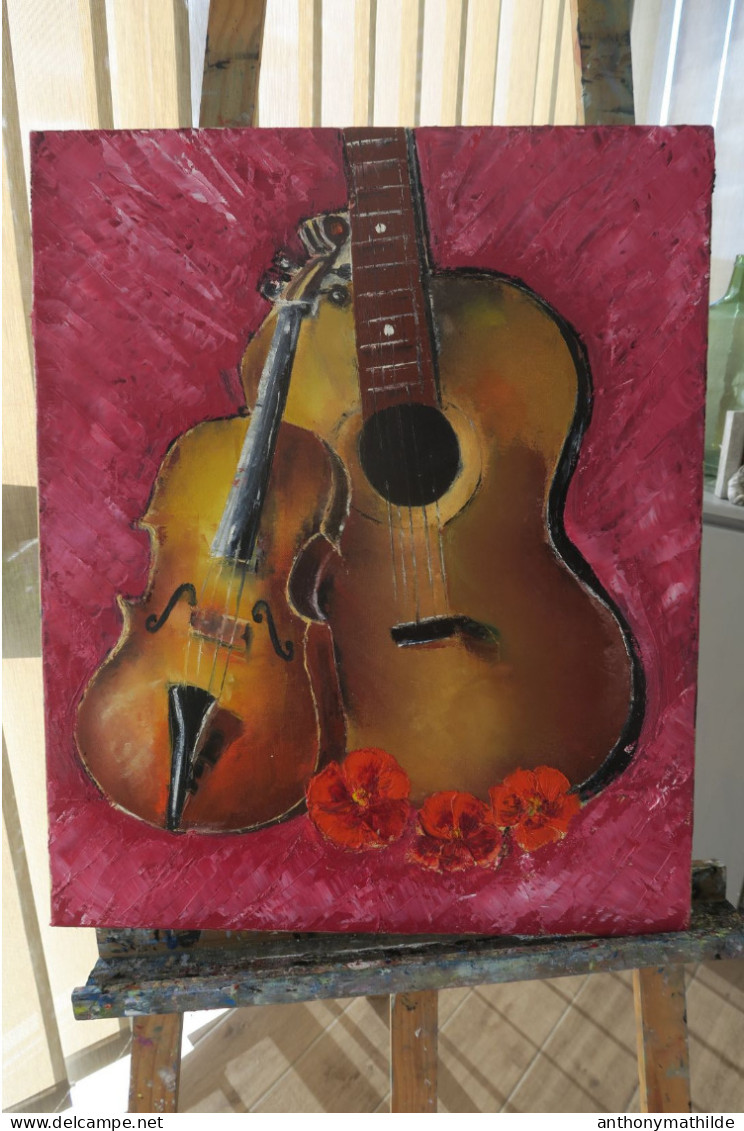 GUITARE ET VIOLON ( Le Monde Tzigane à L'honneur)  Peinture à L'huile 50 X 61 Cm - Huiles