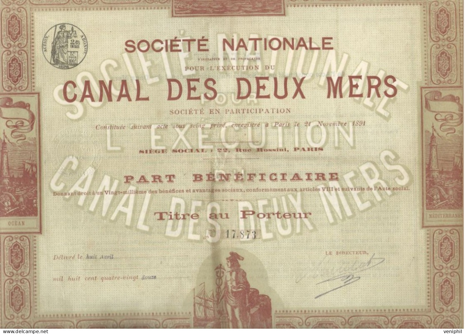 SOCIIETE NATIONALE CANAL DES DEUX MERS   -PART BENEFICIARE ILLUSTREE - - 1891 - Navy