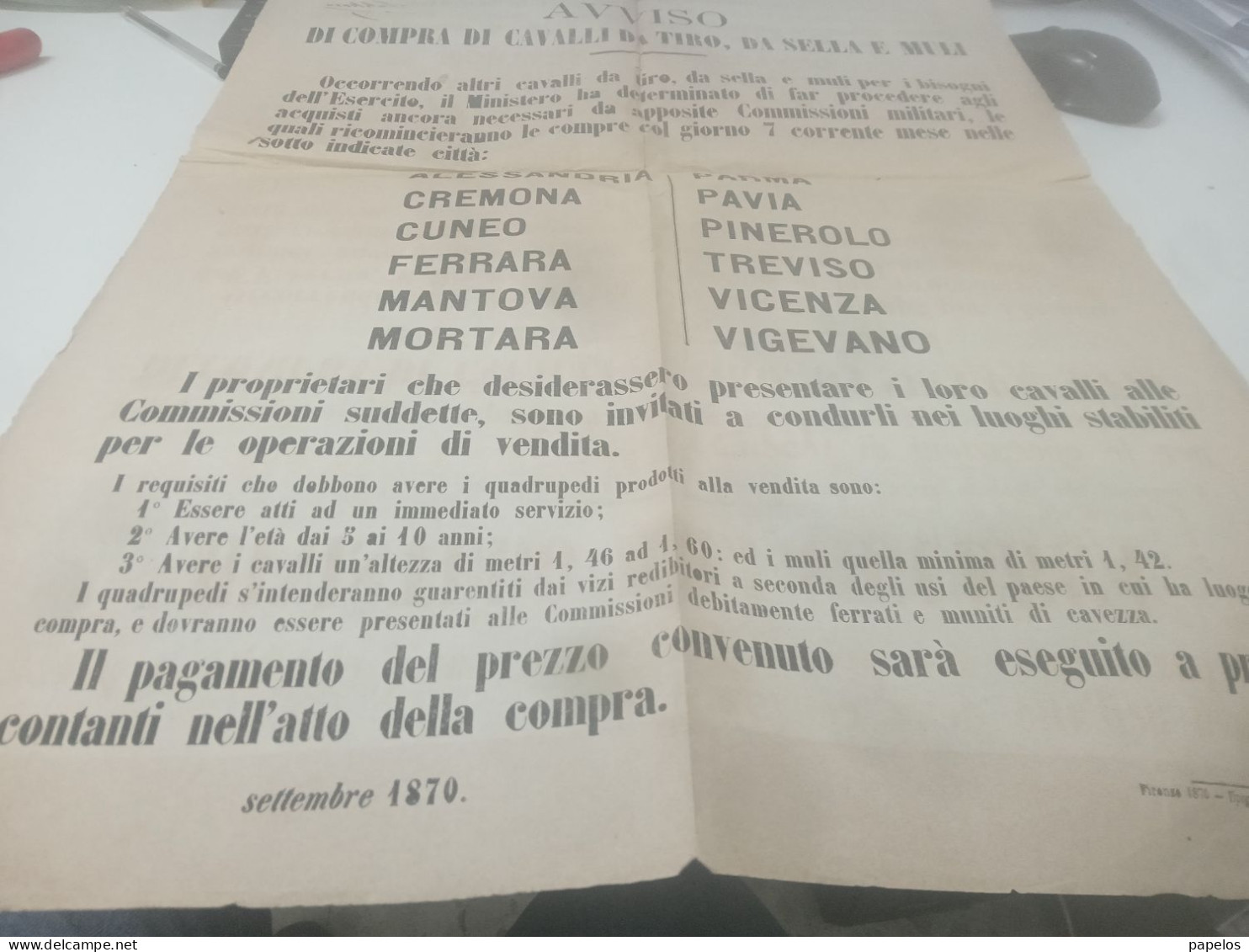 1870  MANIFESTO MINISTERO DELLA GUERRA - Documents