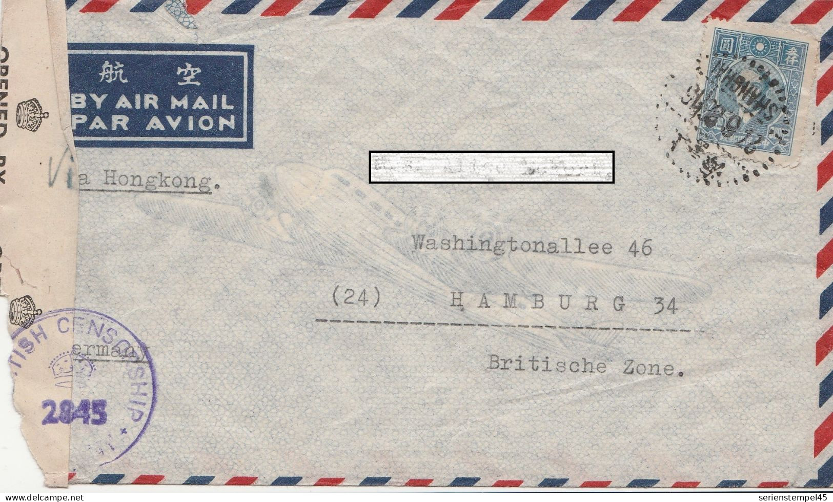 China Luftpostbrief Mit Zensur 2845 + 1424 Englisch Nach Deutschland Von Shanghai 1947 - Brieven En Documenten