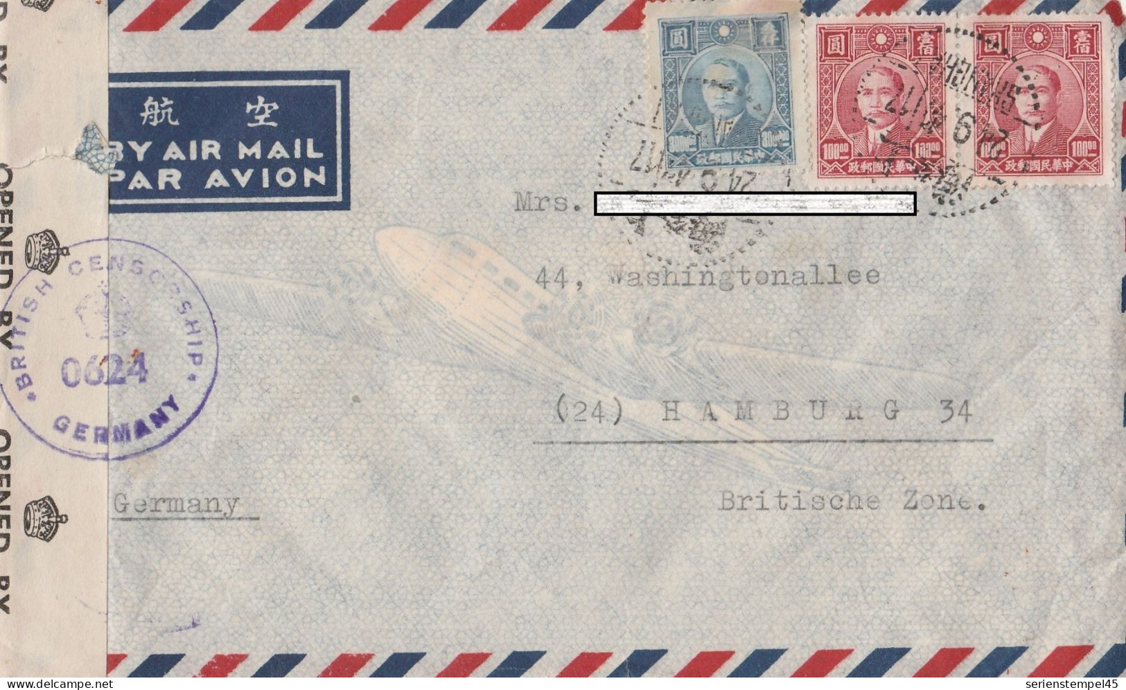 China Luftpostbrief Mit Zensur 0624 + 5936 Englisch Nach Deutschland Von Shanghai 1947 3 Marken - Briefe U. Dokumente