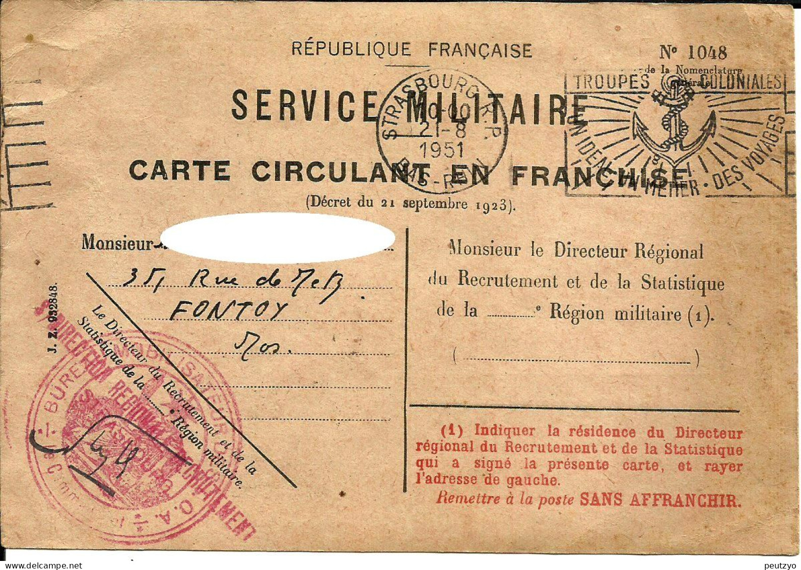 Service Militaire Carte De Circulation En Franchise Troupes Coloniales 67 Strasbourg  C7/30 - Documents