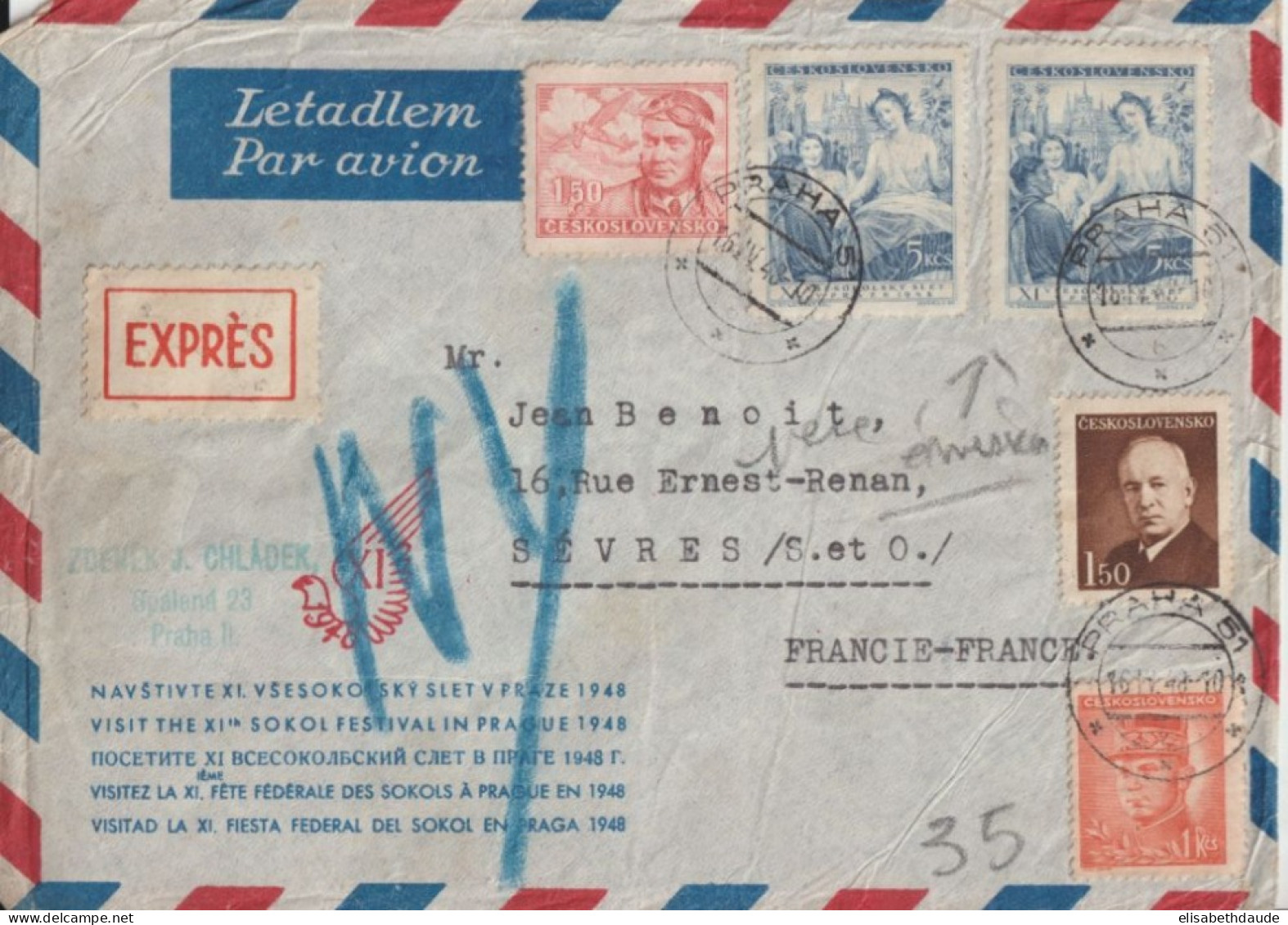 1948 - TCHECOSLOVAQUIE - ENV. (FETES DES SOKOLS) EXPRES ! Par AVION De PRAGUE => SEVRES (3 CACHETS PNEUMATIQUES AU DOS) - Storia Postale