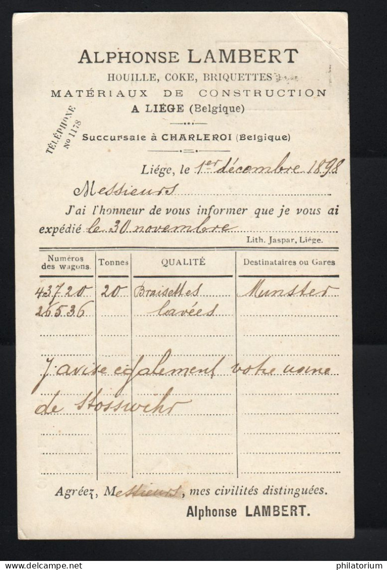 LIEGE DEPART  1 Décembre 1898 Carte Entier-postal 10c Repiqué Houille, Coke, Briquettes - Minéraux