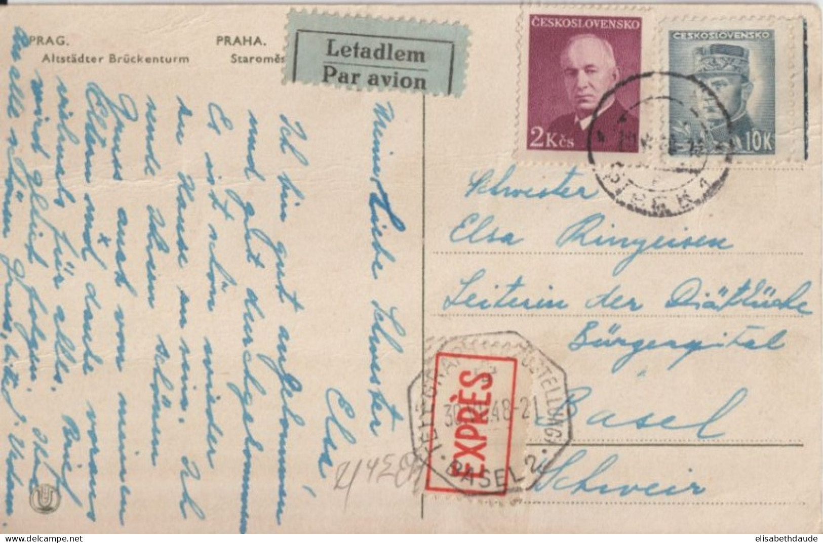 1948 - TCHECOSLOVAQUIE - CACHET TELEGRAPHE SUISSE ! Sur CP EXPRES ! Par AVION De PISEK => BASEL - Poststempel