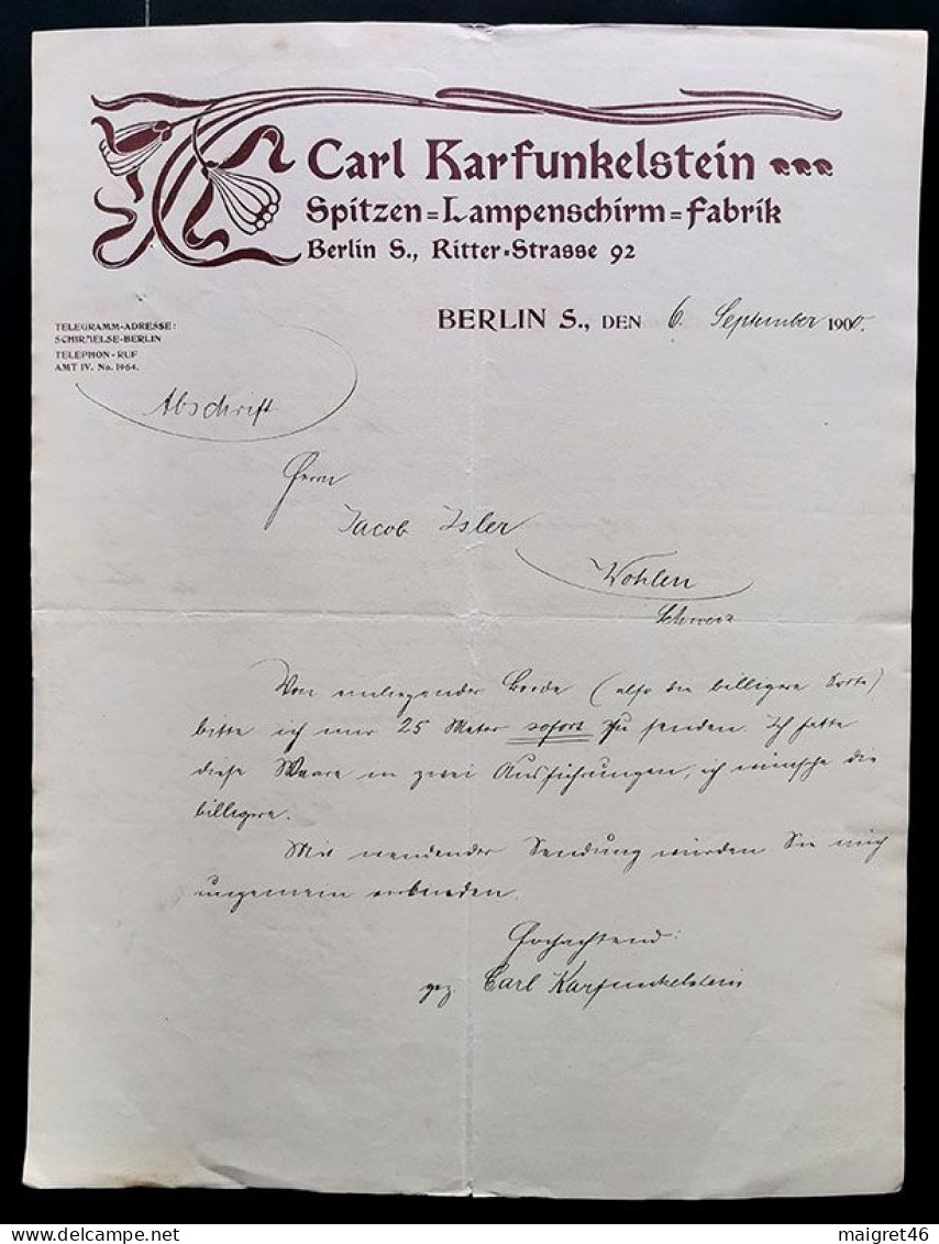 FATTURA CARL KARFUNKELSTEIN SPTZEN LAMPENSCHIRM FABRIK BERLIN ANNO 1900 - 1900 – 1949
